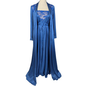 70s Vintage René Blue Satin Lace Nightgown & Robe Set 1970s Glam Lingerie